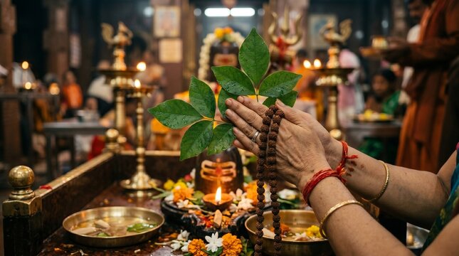 Devout hands in prayer gesture holding three-lobed Bilva leaves over a sacred altar during Sawan Somwar Vrat festival for Lord Shiva worship.