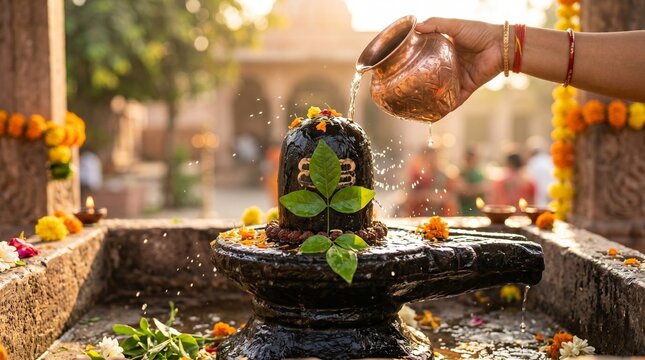 Close-up of black stone Shiva Lingam with holy water being poured from a copper vessel and Bilva leaves for Sawan Somwar Vrat Hindu ritual worship