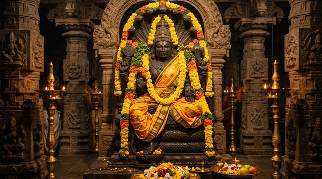 Detailed Stone-Carved Lord Vishnu Statue Adorned with Vibrant Yellow Marigold Garlands and Silk Pitambara Cloth for Kamika Ekadashi Celebration