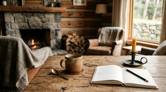 Cozy Cabin Interior: Fireplace, Coffee, and Notebook.