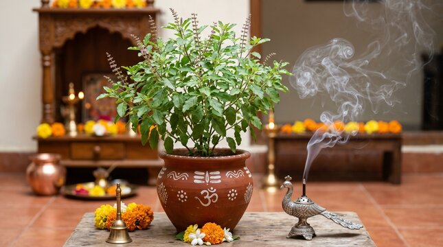 Lush Green Tulsi Plant in Decorated Terracotta Pot with Sandalwood Paste and Silver Peacock Incense Burner for Kamika Ekadashi Hindu Ritual