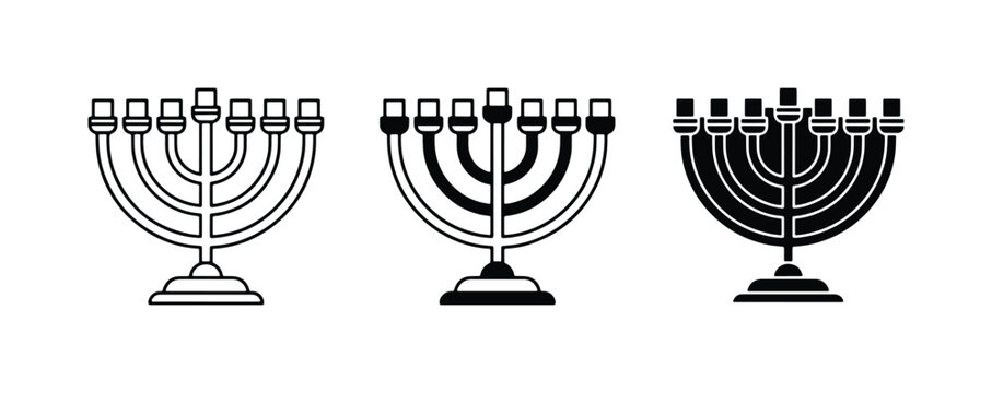 Hanukkah Menorah Icons, Jewish Holiday Symbols, Religious Candle Holders, Vector Graphics