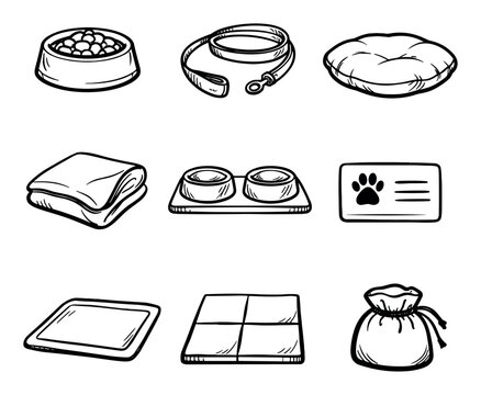 Pet care and feeding concept icons with food bowl, leash and pet bed for pet product marketing in hand drawn illustration
