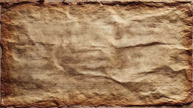 Close‑up aged vintage parchment paper texture background with wrinkles and creases, pale tan center fading to dark brown and reddish‑brown borders, faint unreadable faded horizontal script marks