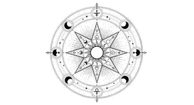 Intricate mystical celestial chart featuring stars, moon phases, and esoteric symbols for astrology, occultism, and magical theme designs on white.