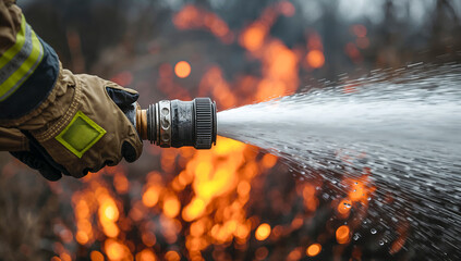 Fototapeta premium Firefighter spraying water to extinguish wildfires, close-up on hand and hose