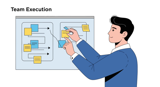 Team Execution Planning on Board with Sticky Notes, Business Strategy Concept