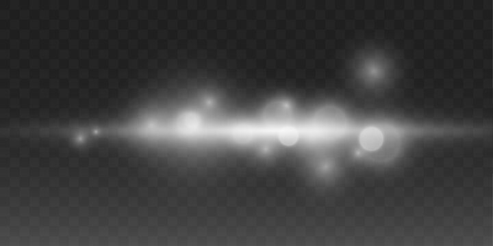 White glowing line with soft flare edges. Horizontal beam with particle sparkle dust. Minimal clean design element.