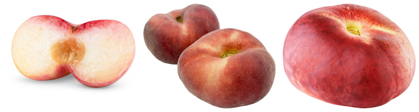 Three Saturn peaches, one cut in half, isolated on transparent background