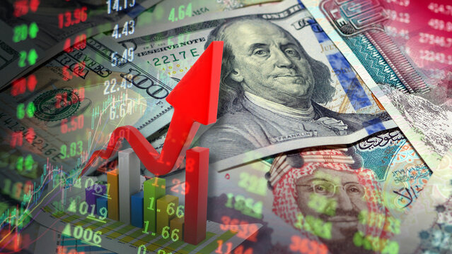 Global currency trade between the US dollar and Saudi riyal is expanding. The portraits of Benjamin Franklin and King Salman on banknotes against rising stock tickers capture strong financial synergy.