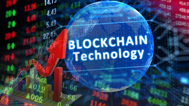 The global blockchain technology sector is thriving. Illustrated by a glowing digital globe with the text "BLOCKCHAIN Technology", set against a backdrop of financial market numbers, stock tickers