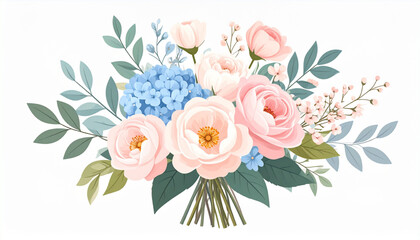 Fototapeta premium Flat vector illustration of a blooming flower bouquet with soft pastel colors, clean lines, white background