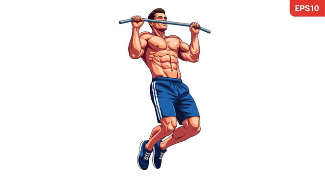 Muscular Man Performing Pull Ups Exercise on Bar.