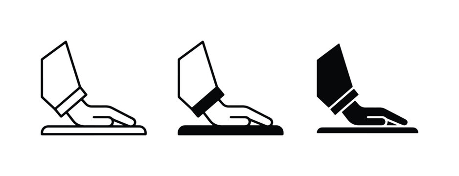 Hand pressing button icon, symbol, and silhouette. Pressing button vector set.