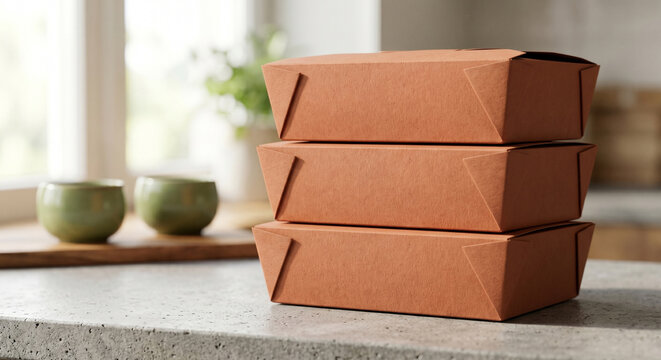 Stack of Blank Terracotta Kraft Paper Takeaway Boxes Mockup in Kitchen