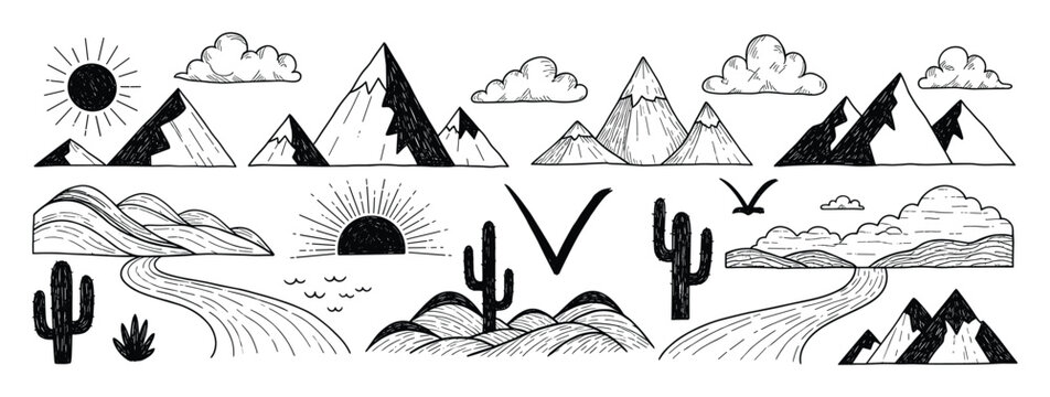 Hand drawn nature landscape elements mountains sun clouds cactus for outdoor use