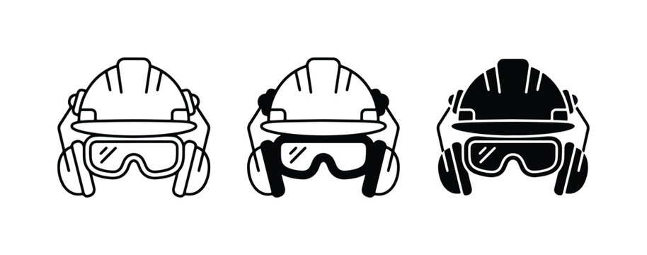 Construction Safety Gear Icons: Hard Hat, Goggles, Ear Defenders Set