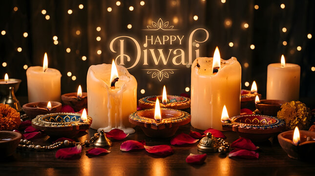 Diwali celebration with lit candles and diyas in warm light