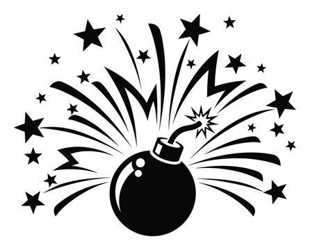 Black and white graphic of an exploding bomb with stars and dynamic lines for visual impact