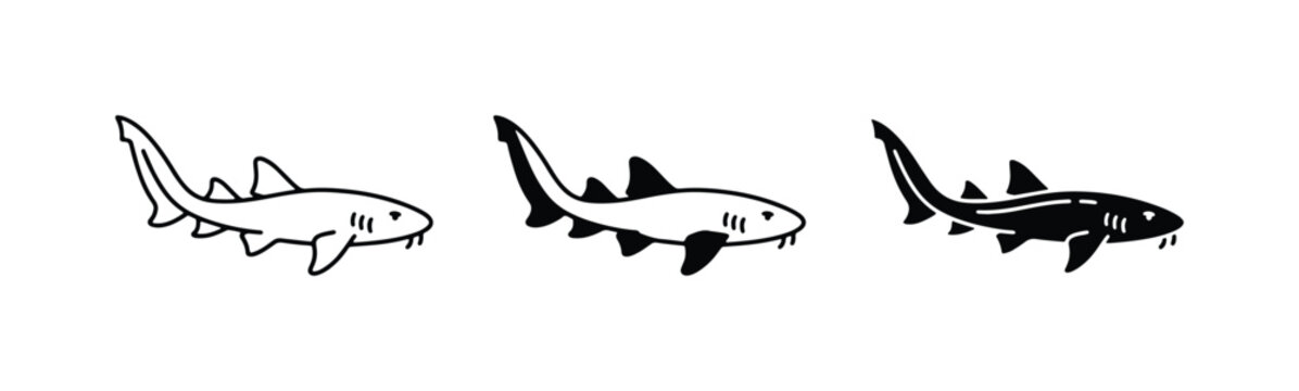 Three Shark Icons, Line Art and Silhouette, Ocean Wildlife Graphics