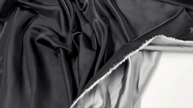 The premium silver and black satin fabric features a smooth reversible design with a high gloss finish. This elegant textile is perfect for creating sophisticated evening gowns and formal lining.
