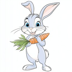 Fototapeta premium Charming cartoon bunny happily munching on a bright orange carrot in a whimsical garden setting