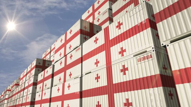 Georgia export import and production cargo containers in row seamless and looping concept. Georgian flag industrial shipping box 3d loop.