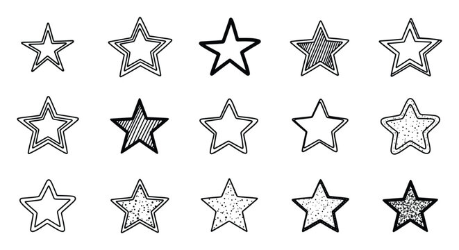 Assorted doodle star shapes featuring various outlines and textured fills suitable for creative graphic design projects