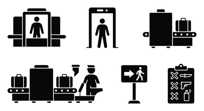 Security checkpoint icons showing passenger and baggage screening procedures for travel safety