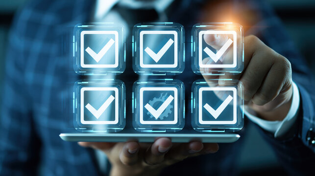 confident businessman completing three glowing interactive holographic checkmark steps finalizing verification