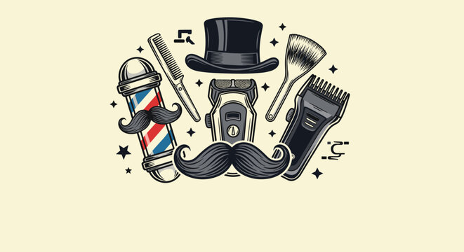 Vintage barber shop elements composition with iconic barber pole, top hat, combs, electric shaver, and stylish mustaches.