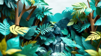 Obraz premium Papercraft jungle scene. Lush foliage surrounds small waterfall. Blue, green hues dominate composition. Detailed textures create depth.