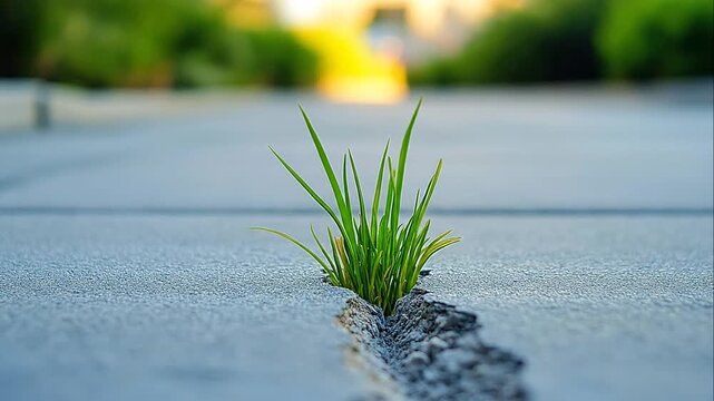 Green grass sprout growing through a crack in a concrete pavement at sunset