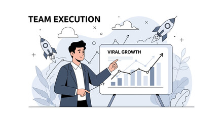 Fototapeta premium Team works to achieve viral growth with rockets and charts.