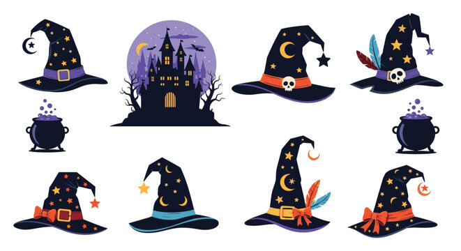 Selection of whimsical witch hats and magic cauldrons set against a dark castle and full moon for Halloween themes.