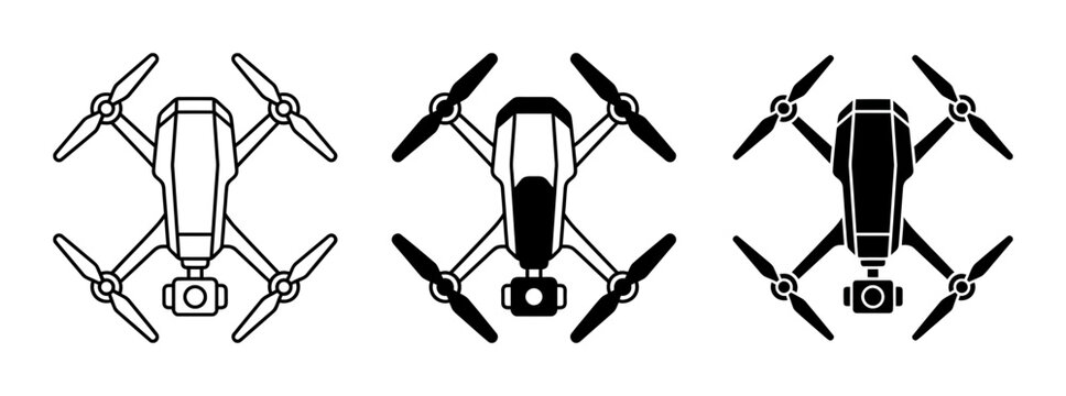 3 Drone silhouette icons quadcopter camera propellers, solid black style, technology aviation set