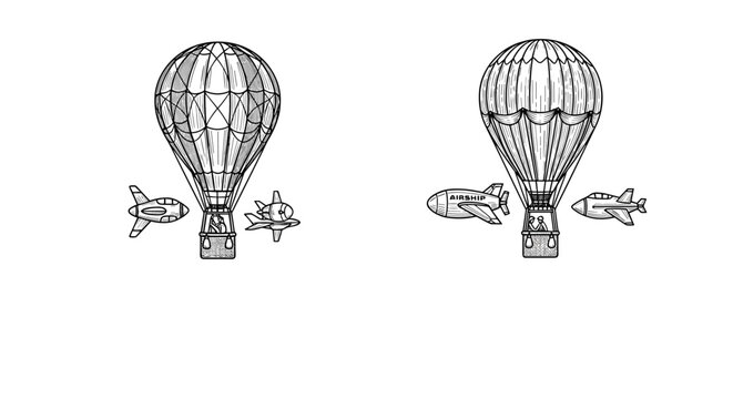 Detailed black and white hand drawn sketches of hot air balloons accompanied by small vintage airplanes on a white background.