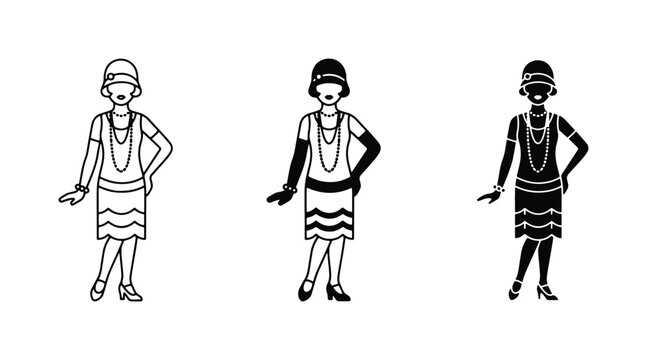 Flapper Woman Vector Icons, 1920s Style Fashion Silhouettes, Retro Party Dancers