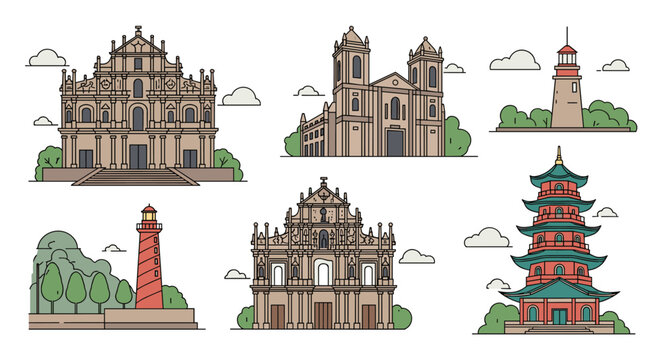 Collection of stylized architectural illustrations depicting famous landmarks and historic buildings from Macau city center.