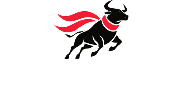 Stylized black bull with red scarf running for San Ferm&iacute;n festival celebration on light background