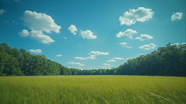 Green meadow field bordered by a dense forest under a bright blue sky with white clouds