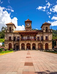 Fototapeta premium A large, ornate building with a clock tower and arched entranceways