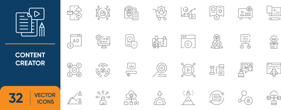 Content Creator Icon Set. Containing Creation, Marketing, Web, Writing, Media Publishing, Video editing, Blogger, Social Network and more. Editable vector Line icons collection.