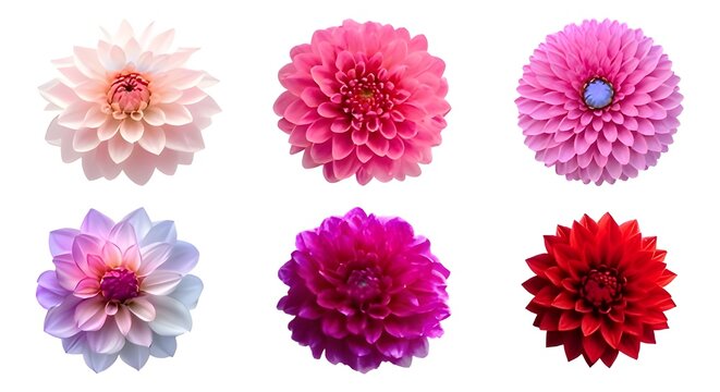 A vibrant collection of six dahlia flower heads in a variety of stunning colors, including peach, pink, purple, and deep red