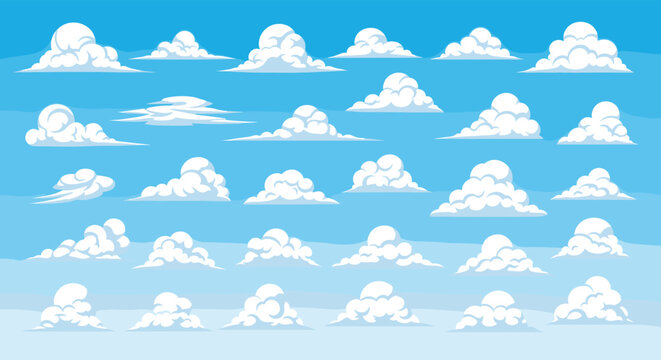 Extensive collection of diverse fluffy white clouds floating in a bright blue sky gradient backdrop for weather and nature themes.