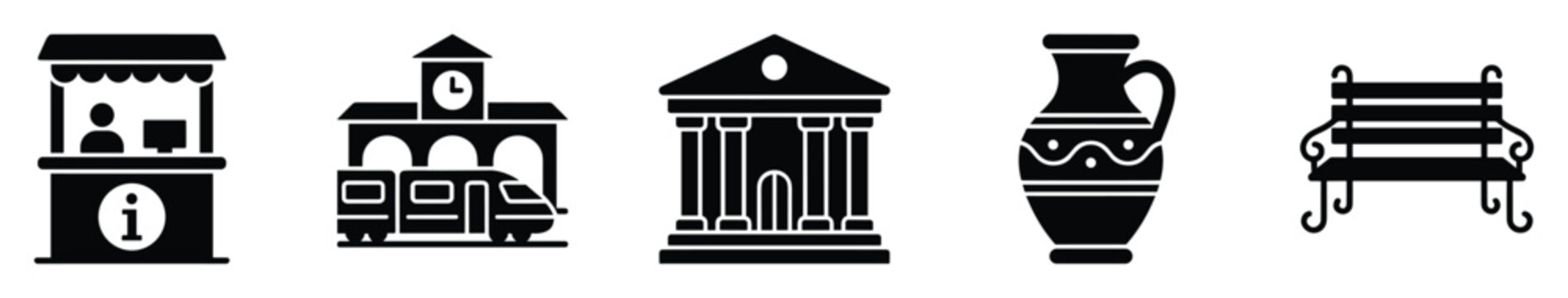 Solid black glyph icons for public services, transport, culture, and urban amenities for modern design.