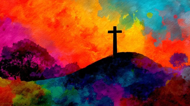 Vibrant Watercolor Painting of Christian Cross Silhouette on Hilltop with Colorful Rainbow Sunset Sky and Trees