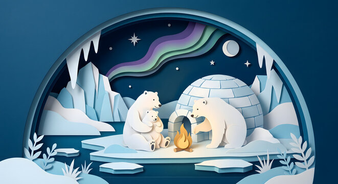 Peaceful polar bear family in winter arctic landscape paper art diorama