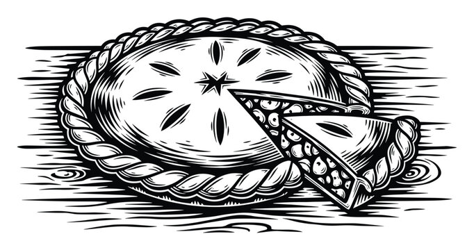Black and white woodcut pie with slice on rustic surface for food designs.