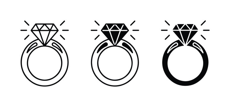 Diamond Ring Icons, Engagement Jewelry Vector Set, Luxury Gemstone Symbol